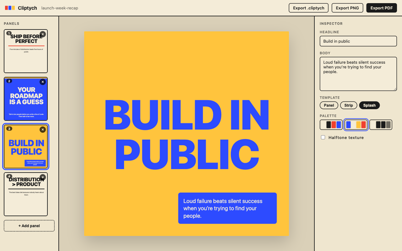 The Cliptych editor with a yellow splash panel